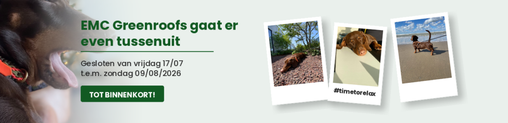 EMC_Greenroofs_Banner_verlof_2026_Isa EMC Greenroofs is gesloten van vrijdag 17 juli tot en met zondag 9 augustus 2026.